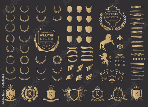 Luxury logo set. Crest logo element, Crown, Wing, Emblem, Heraldic Monogram. Vintage logo design elements.
