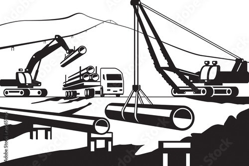 Construction of above ground pipeline - vector illustration