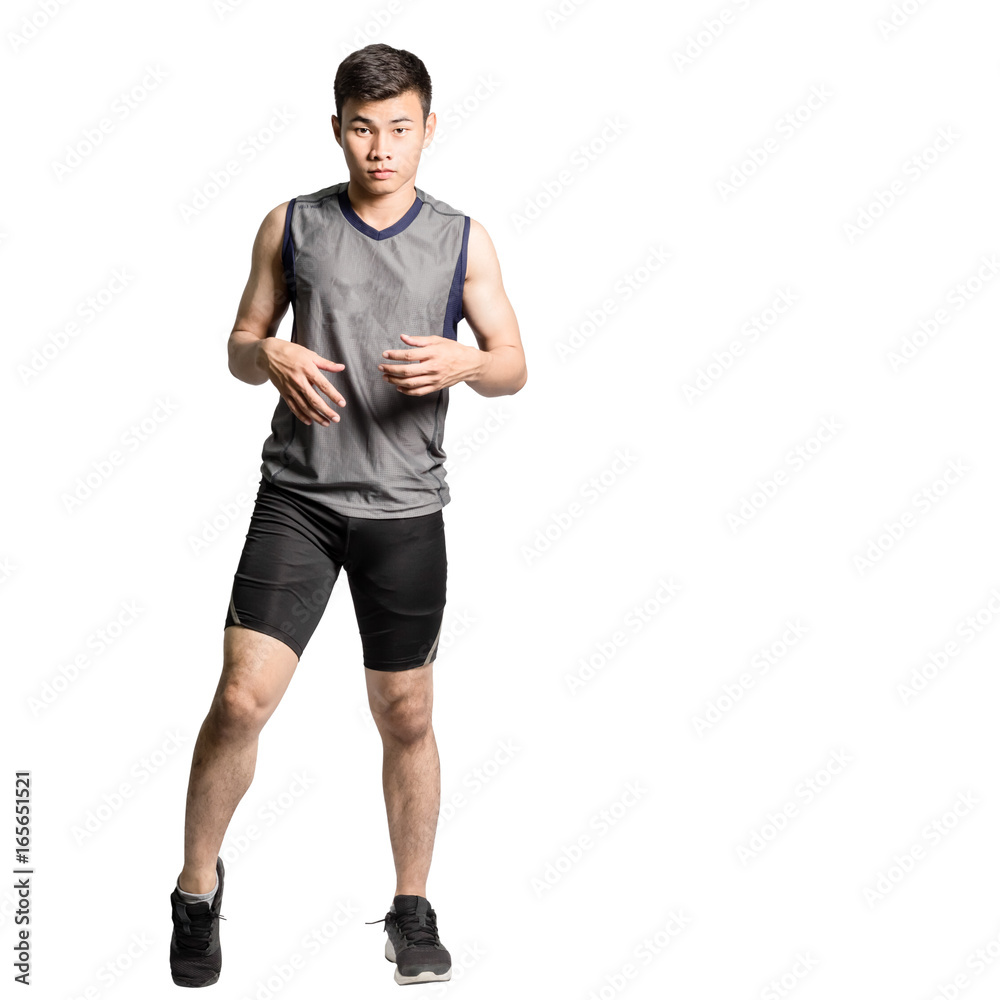 Portrait of an asian sport man stretching his bodies before exercise. Isolated full length on white background with copy space and clipping path
