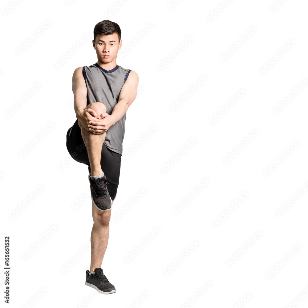 Portrait of an asian sport man stretching his bodies before exercise. Isolated full length on white background with copy space and clipping path Portrait of an asian sport man stretching his bodies before exercise. Isolated full length on white background with copy space and clipping path
