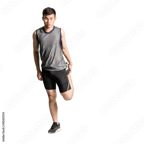 Portrait of an asian sport man stretching his bodies before exercise. Isolated full length on white background with copy space and clipping path