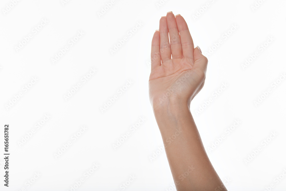 female hand with raised up fingers and deployed forward palm female hand with raised up fingers and deployed forward palm