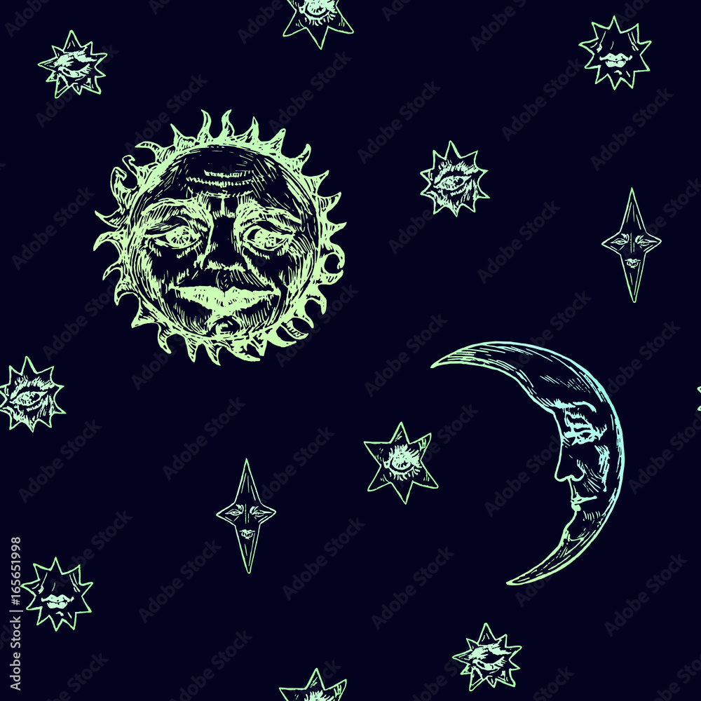 The sun with the wrinkled face of a wise old man, young moon and stars of different shapes with mysterious faces, old fashioned woodcut style design, seamless pattern design, blue background
