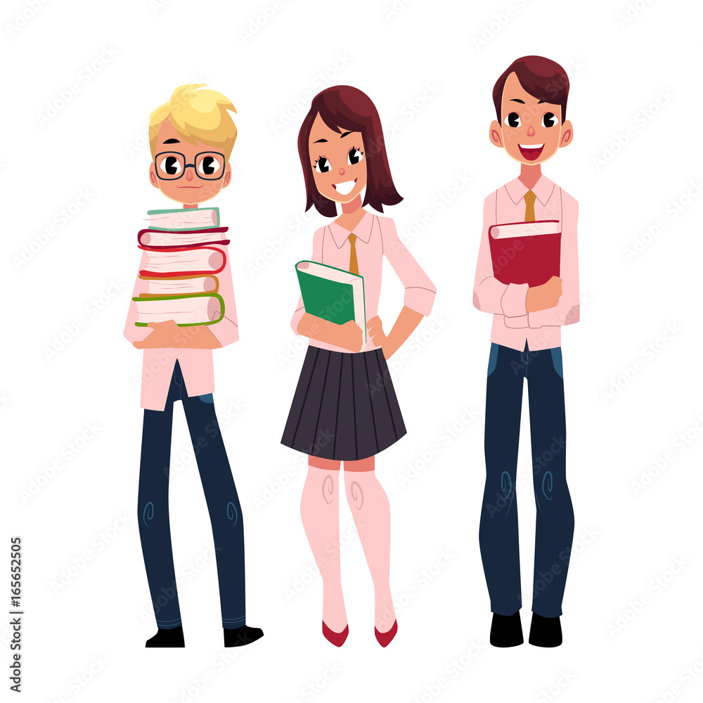 Three students, pupils, school kids standing together, holding books, cartoon vector illustration isolated on white background. Group of pupils, students, boys and girls, full length portrait