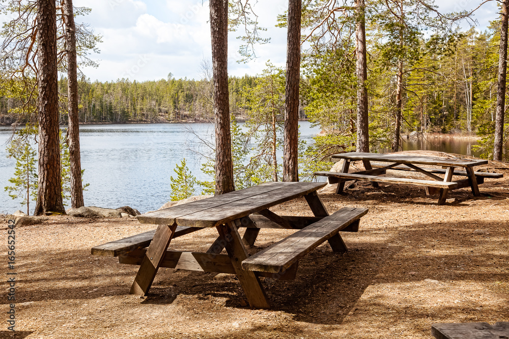 Tables and benches in the woods for a picnic in Finland Tables and benches in the woods for a picnic in Finland