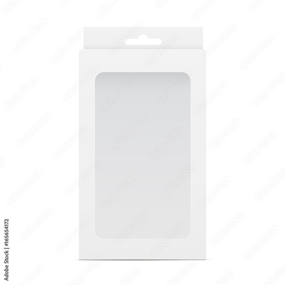 White blank box mockup with transparent window and hanging tab. Packaging for mobile phone accessories. Vector illustration White blank box mockup with transparent window and hanging tab. Packaging for mobile phone accessories. Vector illustration
