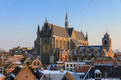 Cityscape skyline of the Hooglandse kerk (church) in Leiden, the Netherlands in winter photo