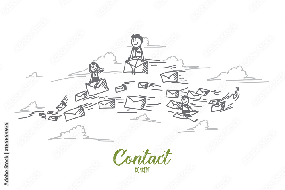 Contact concept. Hand drawn people sending e-mails to each other. Contacting through e-mails isolated vector illustration.