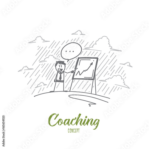 Coaching concept. Hand drawn coach near chipboard teaching people. Training process isolated vector illustration.
