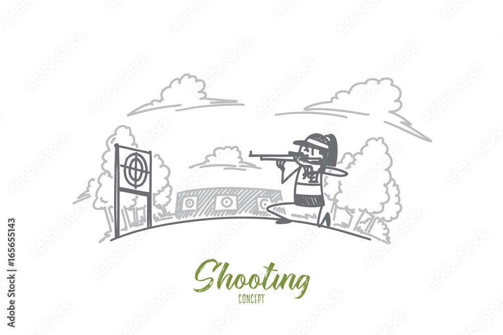 Shooting concept. Hand drawn man firing at target in indoor shooting range. isolated vector illustration.