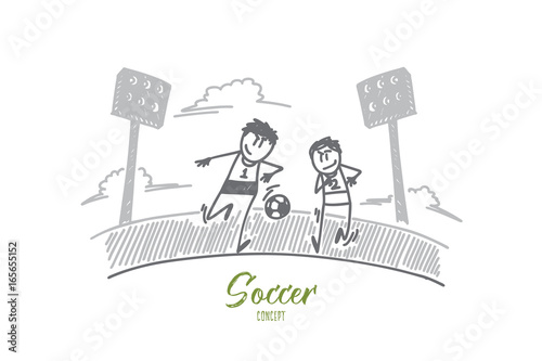 Soccer concept. Hand drawn soccer players in action on the stadium. Football game isolated vector illustration.