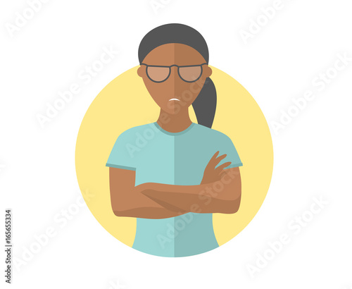 Sullen and gloomy black pretty girl in glasses, offended woman. Flat design icon. Morose, moody emotion. Simply editable isolated on white vector sign
