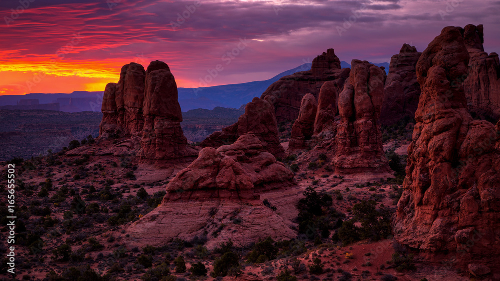 View of Turret Arch from the North Window in Arches National Park, Utah, USA at sunrise.
