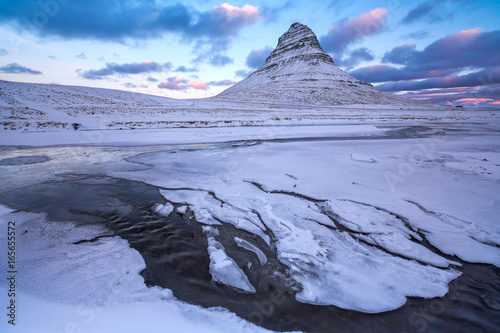 Beauty Kirkjufell mountain with water falls at winter, Iceland