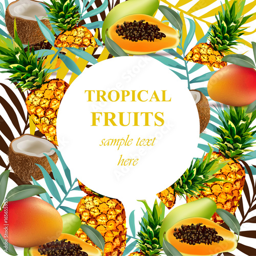 Tropical vector fruits and flowers round card. Summerl template design with p...