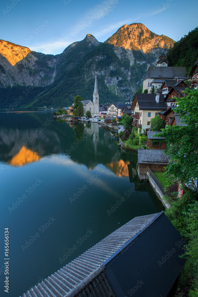 Scenic view of famous Hallstatt mountain village with Hallstaetter Lake in the Austrian Alps, region of Salzkammergut, Austria