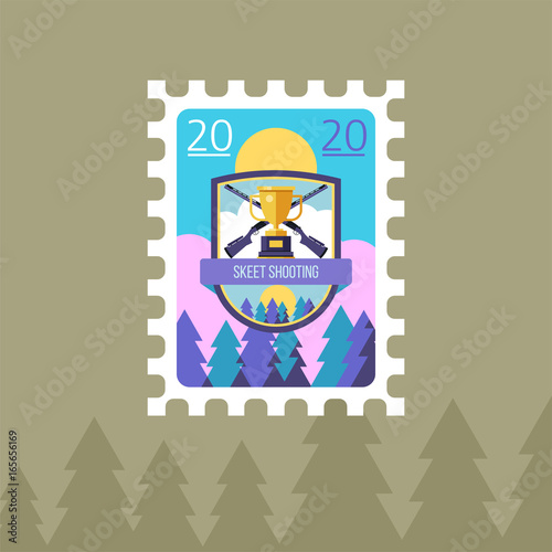 Shooting. Sports Cup and rifles. Vector illustration of a postage stamp.