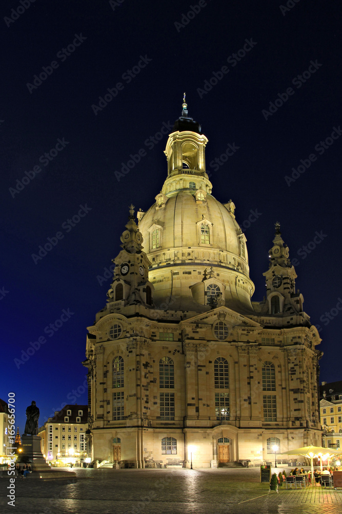 Frauenkirche at the Neumarkt Square at Night in Dresden, Saxony, Germany, Europe