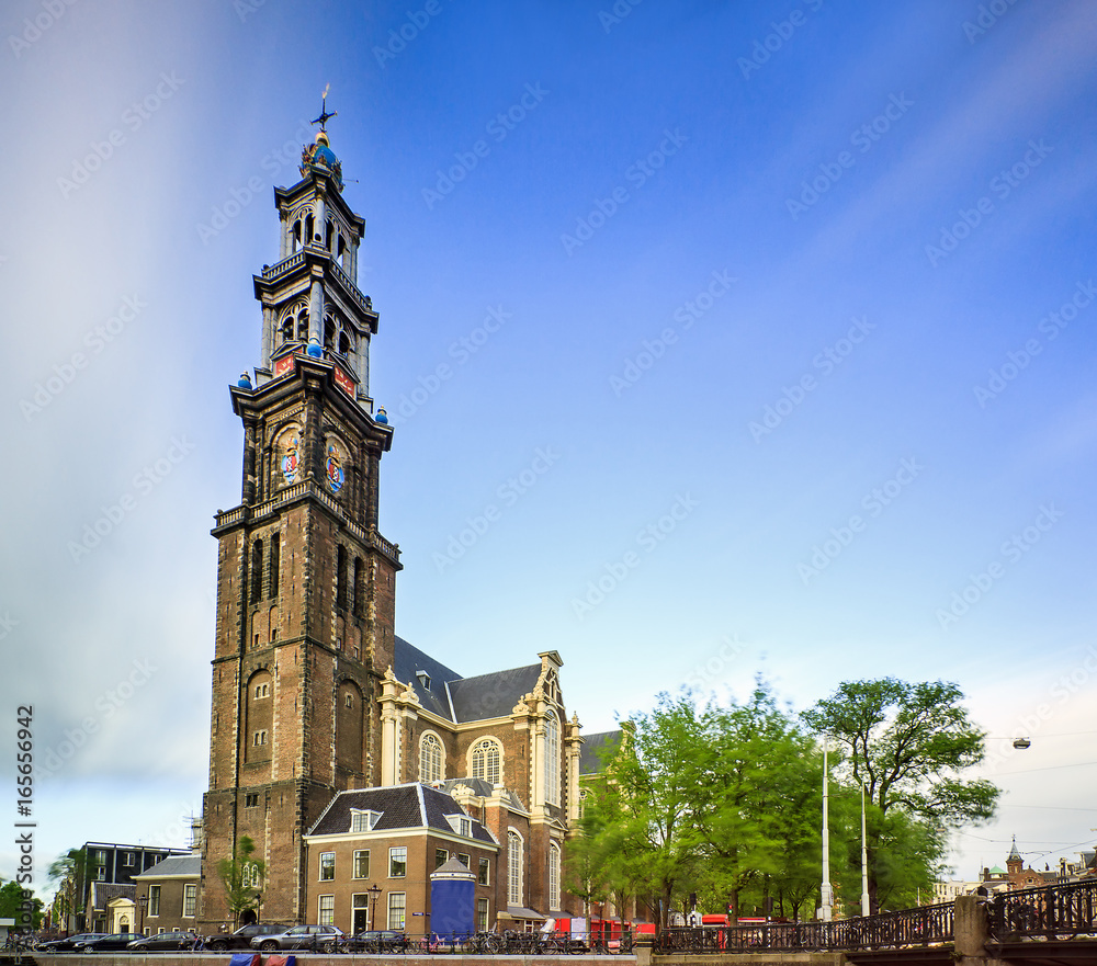 Wide angle close up long exposure of the Westerkerk in Amsterdam
