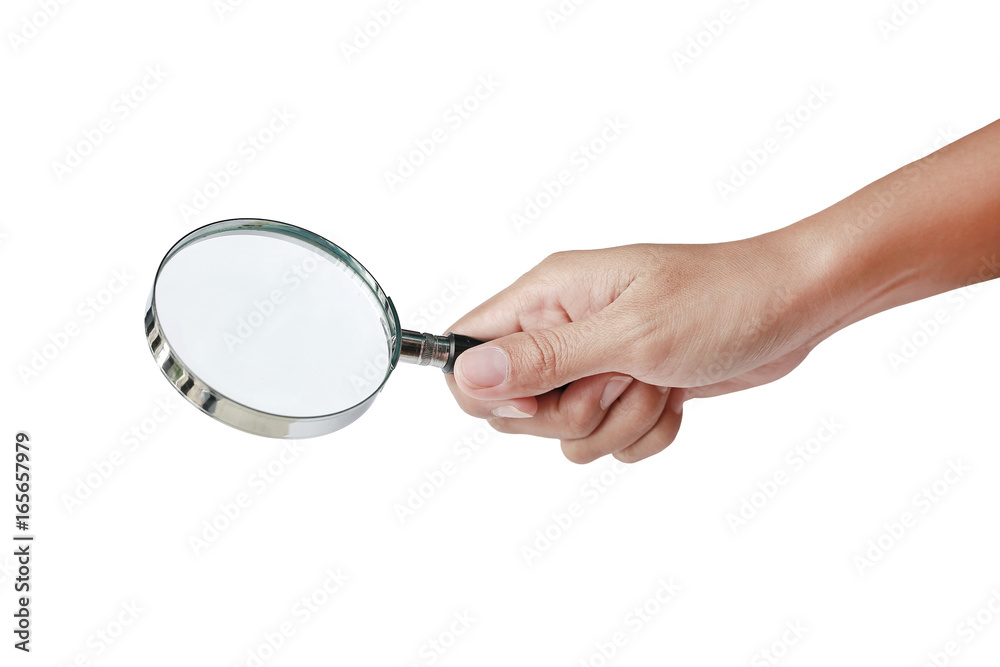 Hand holding Magnifying glass isolated on white. Hand holding Magnifying glass isolated on white.