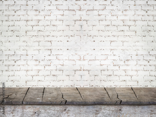 wood terrace and White Brick wall background.