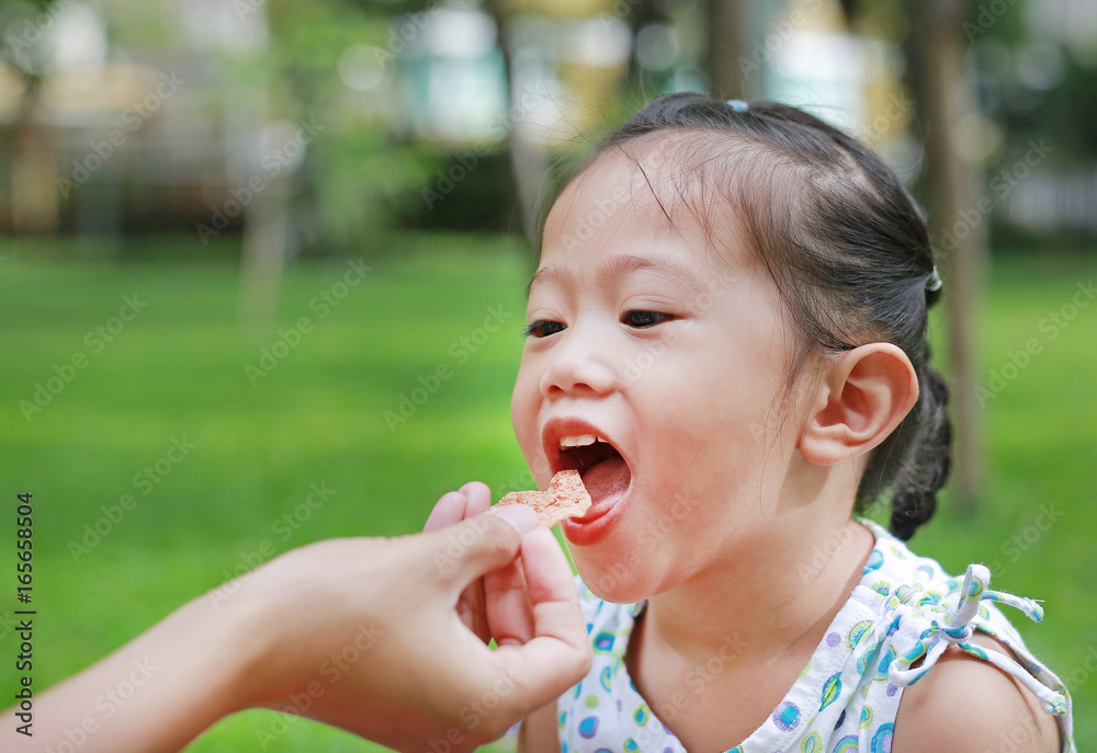 Kid girl eating snack by mother hand in the garden. Kid girl eating snack by mother hand in the garden.