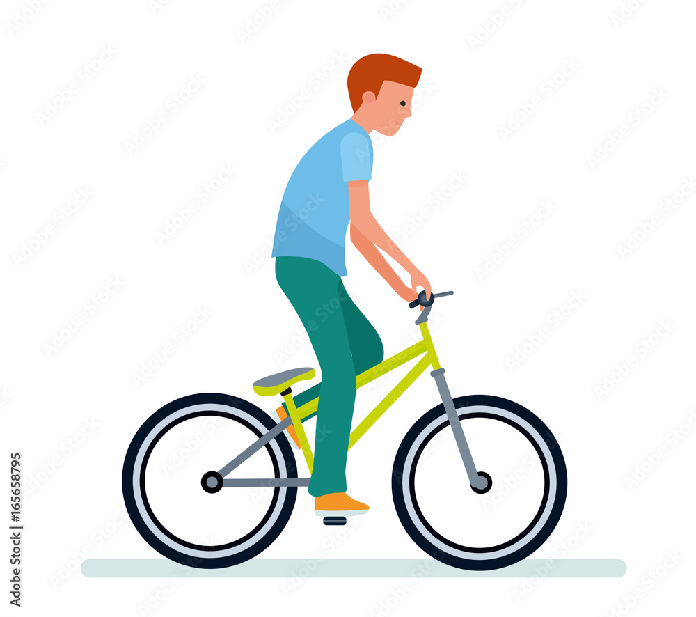 The guy on the bike. White background. People in the park. Vector illustration flat cartoon style The guy on the bike. White background. People in the park. Vector illustration flat cartoon style