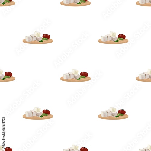 Diced cheese feta with tomatoes and olives on the cutting board icon in cartoon style isolated on white background. Greece symbol stock vector illustration.