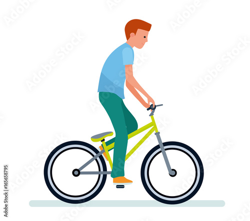 The guy on the bike. White background. People in the park. Vector illustration flat cartoon style