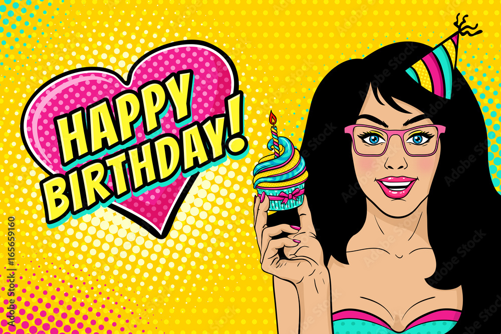 Sexy woman in glasses and birthday cap with long black hair, open smile,  bright cupcake in