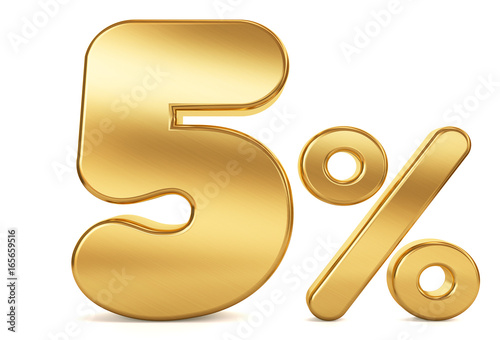 3d render illustration. Golden five percent on a white background.