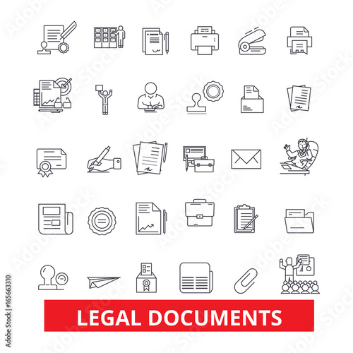 Legal documents, archive, deed, record, papers, legal files, legislation, form line icons. Editable strokes. Flat design vector illustration symbol concept. Linear signs isolated on white background