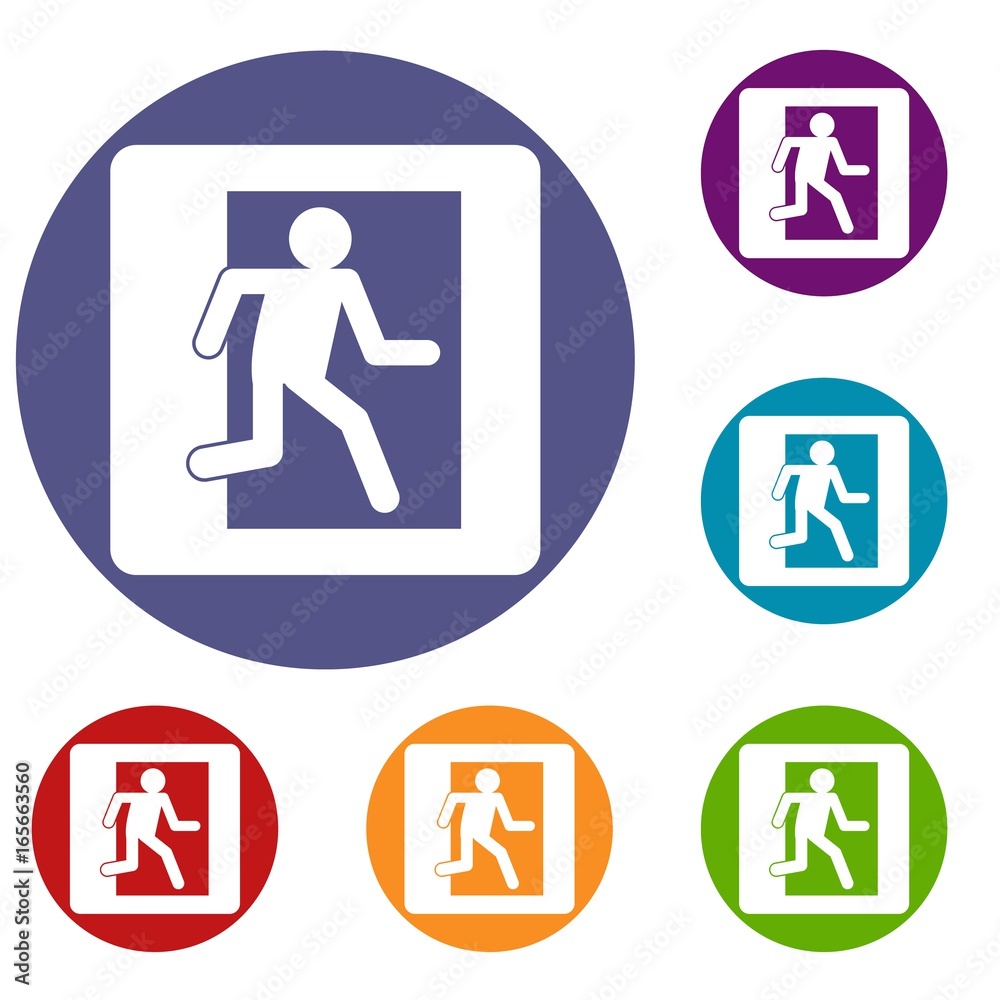 Fire exit sign icons set Fire exit sign icons set