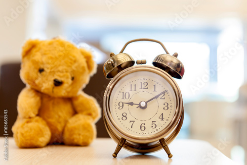 Retro Teddy Bear toy alone with alam clock.