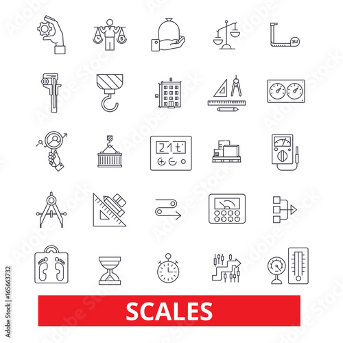 Scales, calibration, proportion, weights, balance, measure, estimate, register line icons. Editable strokes. Flat design vector illustration symbol concept. Linear signs isolated on white background