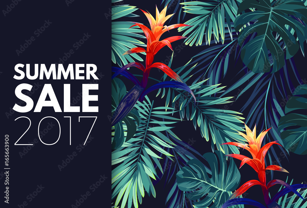 Obraz premium Green summer tropical background with exotic palm leaves and flowers. Vector floral background.