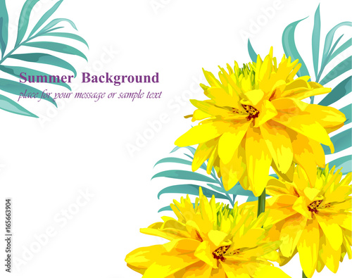 Tropical vector floral card. Summerl template design with palm leaves and exo...
