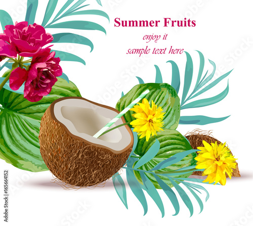 Coconut drink cocktail Tropical floral Summer refreshing background Vector