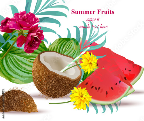 Coconut drink cocktail and watermelon Tropical floral Summer refreshing backg...