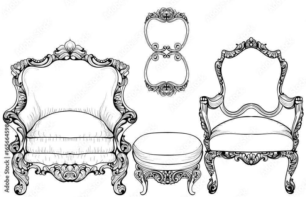 Baroque armchair with luxurious ornaments. Vector French Luxury rich intricate structure. Victorian Royal Style decor Baroque armchair with luxurious ornaments. Vector French Luxury rich intricate structure. Victorian Royal Style decor