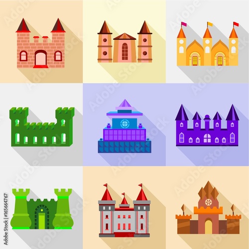 Types of fortress icons set, flat style