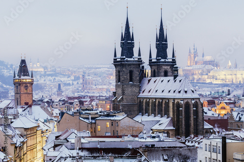 Photography Winter in Prague - city panorama with Tyn Cathedral and Clock Tower