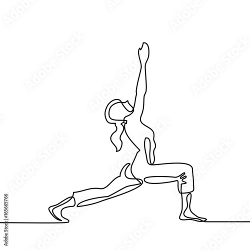 Continuous line drawing. Woman doing exercise in yoga pose. Vector Illustration