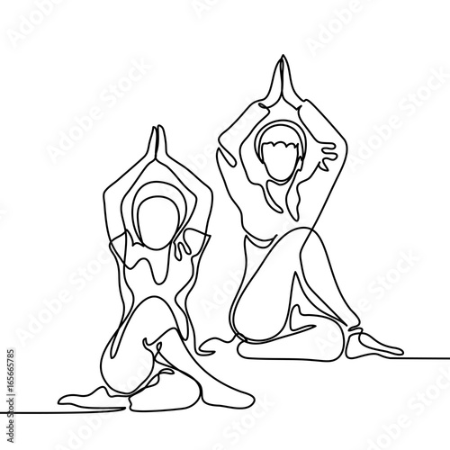 Continuous line drawing. Two women doing exercise in yoga pose. Vector Illustration