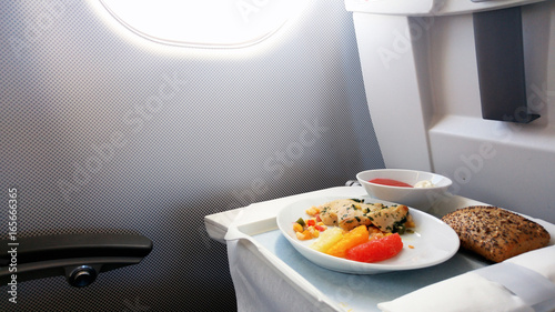 Lunch in the business class on board the aircraft