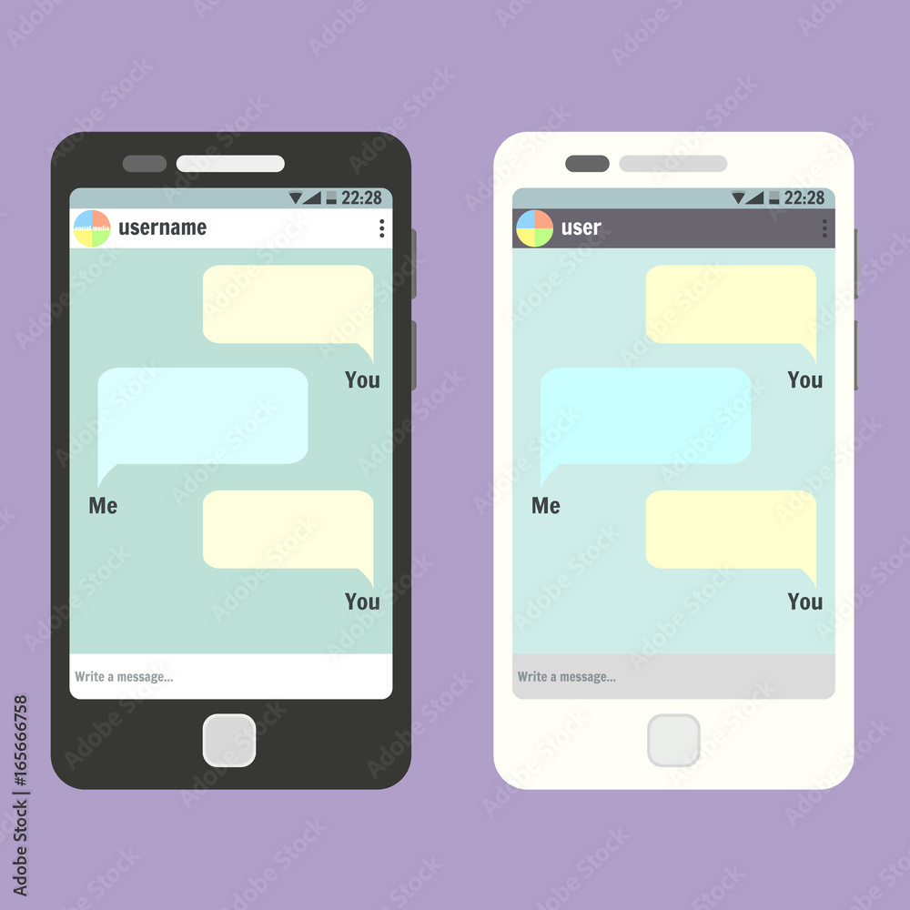 Flat vector smartphone with open social network messanger app with post place for text. Phone mockup template for message conversation design, banner, web Flat vector smartphone with open social network messanger app with post place for text. Phone mockup template for message conversation design, banner, web