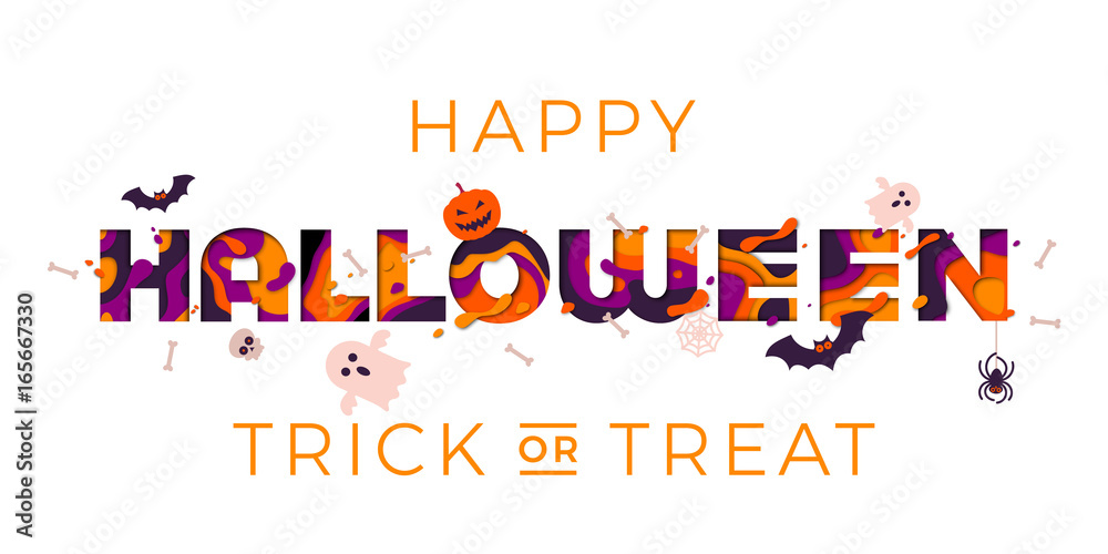 Halloween greeting card vector template of papercut text