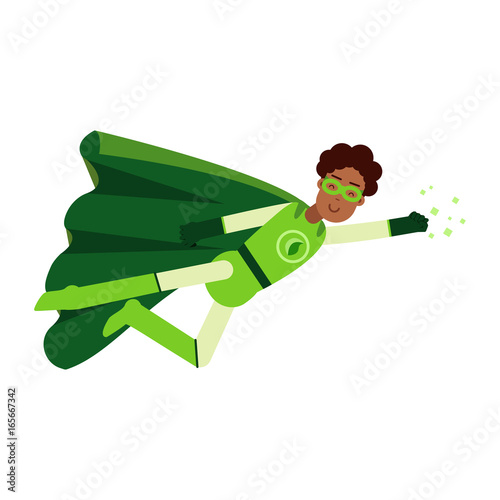 Ecological black superhero man in green costume flying, eco concept vector Illustration