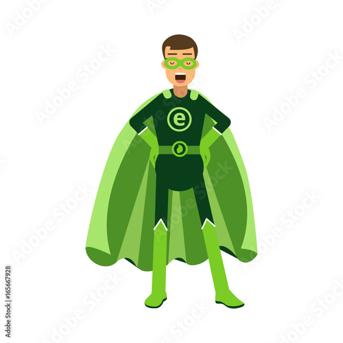 Ecological superhero man standing with hands on his waist, eco concept vector Illustration