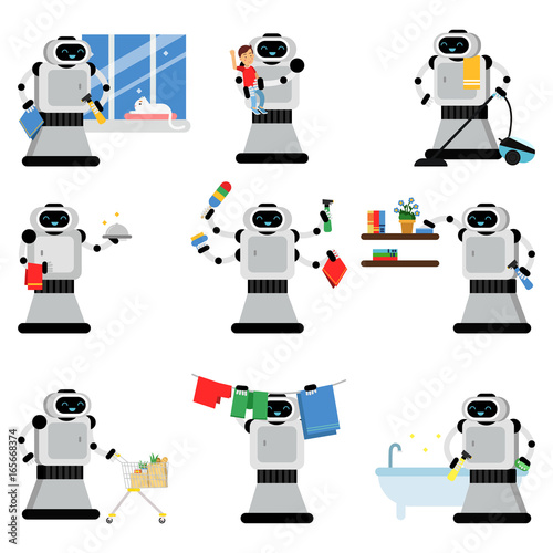 Robotic assistants helping people in housework duties set vector Illustrations